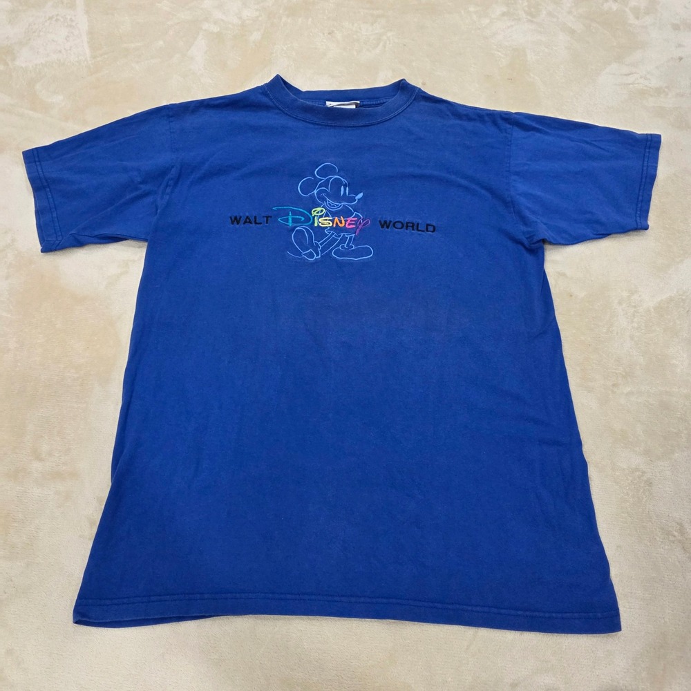 Vtg 90s Walt Disney World Mickey Mouse Embroidered T Shirt Blue Made in USA S